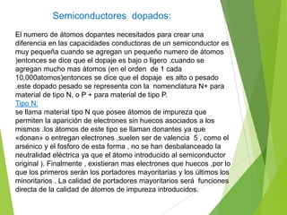 Semiconductores dopados:
El numero de átomos dopantes necesitados para crear una
diferencia en las capacidades conductoras de un semiconductor es
muy pequeña cuando se agregan un pequeño numero de átomos
)entonces se dice que el dopaje es bajo o ligero .cuando se
agregan mucho mas átomos (en el orden de 1 cada
10,000atomos)entonces se dice que el dopaje es alto o pesado
.este dopado pesado se representa con la nomenclatura N+ para
material de tipo N, o P + para material de tipo P.
Tipo N:
se llama material tipo N que posee átomos de impureza que
permiten la aparición de electrones sin huecos asociados a los
mismos .los átomos de este tipo se llaman donantes ya que
«donan» o entregan electrones .suelen ser de valencia 5 , como el
arsénico y el fosforo de esta forma , no se han desbalanceado la
neutralidad eléctrica ya que el átomo introducido al semiconductor
original ). Finalmente , existieran mas electrones que huecos ,por lo
que los primeros serán los portadores mayoritarias y los últimos los
minoritarios . La calidad de portadores mayoritarios será funciones
directa de la calidad de átomos de impureza introducidos.

 