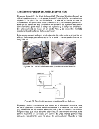 4.9 S
El se
utiliz
la po
com
Este
com
Su
direc
Este
el ár
la fig
El pr
en h
(M),
mag
cam
colo
SENSOR D
ensor de p
zado conju
osición de
presión o
e tipo de s
o referenc
funcionam
ctamente s
e sensor en
rbol de leva
gura 4.24:
Figura
Figur
rincipio de
hacer pasa
construid
gnético (B)
po magné
cados late
DE POSIC
posición de
ntamente
el pistón de
escape du
sensor es m
cia para m
miento se
sobre el ár
ncuentra a
as ya que
4.24: Ubic
a 4.25: Cir
funcionam
ar una corr
a de un m
, que actú
ético es g
eralmente
CIÓN DEL Á
el árbol de
con el sen
el cilindro
urante su re
muy utiliza
medir el tiem
basa en
bol de leva
alojado en
del mismo
cación del
rcuito del s
miento de e
riente eléc
material se
úa de form
generado
sobre la
ÁRBOL D
e levas CM
nsor de po
número 1
ecorrido ha
ado en los
mpo de in
el efecto
as del moto
el cabezo
o recibe la
sensor de
sensor de p
este senso
ctrica const
emiconduc
a perpend
por acció
placa de
E LEVAS
MP (Cams
sición del
, si este s
acia el pun
s sistemas
yección y
o Hall, y
or.
ote del mot
señal, com
posición d
posición de
or, es el efe
tante Iv a
ctor; y se
dicular a la
ón de uno
e semicon
(CMP)
haft Positi
cigüeñal p
se encuen
nto muerto
de inyecc
el tiempo
se encue
tor, éste se
mo se pue
del árbol d
el árbol de
ecto Hall, e
través de
la somete
a corriente
os imanes
nductor. C
ion Sensor
para determ
ntra en fas
o superior P
ción secue
de encen
entra mon
e encuentr
de observa
e levas
levas
el cual se
una placa
e a un ca
eléctrica.
s permane
uando el
r), es
minar
se de
PMS.
encial
dido.
ntado
ra en
ar en
basa
a Hall
ampo
Este
entes
flujo
 