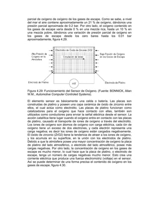 parc
del m
pres
los g
una
los
apro
Figu
W.M
El e
cons
ellos
cata
utiliz
acció
de p
Los
oxíg
carg
El óx
y los
Deb
de p
carg
esca
esca
corri
Así s
gase
cial de oxíg
mar el aire
sión parcia
gases de e
mezcla po
gases d
oximadame
ura 4.29: F
M., Automo
elemento s
struidas de
s, el cual
lizadores
zados com
ón catalític
platino, cau
iones de o
eno tiene
ga negativa
xido de zir
s acumula
ido a que
platino del
gas negativ
ape es mu
ape, tenga
iente eléct
se puede
es de esca
geno de ox
e contiene
l aproxima
escape va
obre, dánd
de escap
ente, figura
uncionami
tive Comp
sensor es
e platino y
actúa com
para el o
o conduct
ca tiene lug
usado el tr
oxígeno so
un exces
a; es decir
rconio (ZrO
a en su s
la atmósfe
lado atmo
vas. Por o
ucho meno
a un núme
trica que p
determina
ape, figura
xígeno de
aproximad
ada de 0.2
aría desde
donos una
pe desde
a 4.29.
ento del S
uter Contr
básicame
poseen u
mo electro
oxígeno q
ores para
gar cuando
ransporte
on átomos
o de dos
r los iones
O2) tiene la
superficie,
era posee u
osférico, o
tro lado, la
or, lo cual
ero de carg
produce un
r de una fo
4.30.
los gases
damente u
2 bar. Por
0 % en u
a variación
los cer
Sensor de O
roled Syste
ente una
na capa c
olito. Las p
ue hace
enviar la s
o el oxígen
de iones d
de oxígen
electrones
s de oxíge
a tendencia
en la uni
una mayor
o electrodo
a concentr
hace que
gas negat
na fuerza e
orma prec
de escape
n 21 % de
otro lado,
na mezcla
de presió
ro bares
Oxígeno. (
ems).
celda o b
erámica d
placas de
contacto
señal eléct
no entra en
de oxígeno
no con car
s, y cada
no están c
a de atrae
ón con lo
r concentra
o del lado
ración de o
la placa d
ivas much
electromot
cisa el cont
e. Como s
e oxígeno,
el oxígeno
a rica, has
ón parcial
hasta l
(Fuente: B
batería. La
e óxido de
platino fu
con ellas
trica desde
n contacto
o a través
rga eléctric
electrón r
cargados n
er a los ion
os electrod
ación de ox
atmosféric
oxígeno en
de platino,
ho menor.
riz (voltaje
tenido de
se sabe, a
dándonos
o contenid
sta un 10 %
de oxígen
los 0.01
ONNICK, A
as placas
e zirconio e
uncionan c
, también
e el senso
con las pl
del electr
ca, cada ió
representa
negativam
es de oxíg
dos de pla
xígeno la p
co, posee
n los gase
o electrod
Esto crea
e) en el se
oxígeno e
nivel
s una
do en
% en
no en
bar
Allan
son
entre
como
son
or. La
lacas
rolito.
ón de
a una
ente.
geno,
atino.
placa
más
es de
do de
a una
nsor.
n los
 