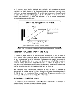 VTA2 funciona de la misma manera, pero comienza en una salida de tensión
más alta y la tasa de cambio de voltaje es diferente a VTA1 A medida que el
acelerador se abre, las dos señales de tensión aumentan a un ritmo diferente.
El ECM utiliza las dos señales para detectar el cambio en la posición de la
válvula del acelerador. Al tener dos sensores, ECM se puede comparar las
tensiones y detectar problemas.
Figura 4.7: Señales de Voltaje del sensor de Posición del acelerador
4.5 SENSOR DE FLUJO DE MASA DE AIRE (MAF)
El sensor de maza de flujo de aire convierte la cantidad de aire qe entra al
motor en una señal de voltaje. El ECM tiene que saber el volumen de entrada
de aire para calcular la carga del motor. Esto es necesario para determinar la
cantidad de combustible a inyectar, cuando encender el cilindro, y cuando
hacer el cambio de marcha en la transmisión. El sensor de flujo de aire se
encuentra directamente en el flujo de aire de admisión, entre el filtro de aire y el
cuerpo de aceleración donde puede medir el aire de entrada.
Hay diferentes tipos de sensores de masa de flujo de aire. El medidor de
paletas y el de vortexr Karmen son dos de los tipos más antiguos de sensores
de flujo de aire y se pueden identificar por su forma. El tipo más reciente, y más
común, es el flujo de masa de aire (MAF) del sensor.
Sensor MAF – Tipo Alambre Caliente
Los principales componentes del sensor MAF son un termistor, un alambre de
platino caliente, y un circuito de control electrónico.
 