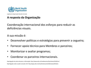 Logotipo da Organização Mundial de Saúde


A resposta da Organização

Coordenação internacional dos esforços para reduzir as
deficiências visuais.

A sua missão é:
• Desenvolver políticas e estratégias para prevenir a cegueira;
• Fornecer apoio técnico para Membros e parceiros;
• Monitorizar e avaliar programas;
• Coordenar os parceiros internacionais.
Hiperligação de onde retiramos a informação: http://www.who.int/mediacentre/factsheets/fs282/en/
Hiperligação onde se pode consultar ICD: http://apps.who.int/classifications/icd10/browse/2010/en
 