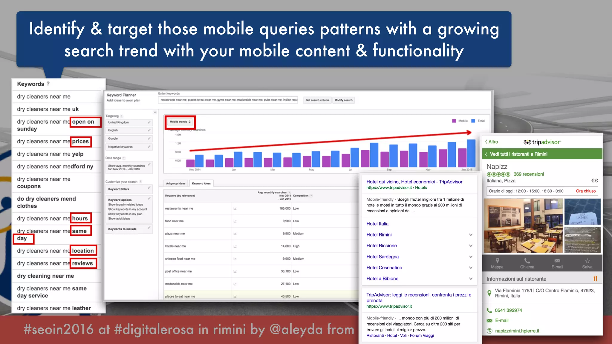 #seoin2016 at #digitalerosa in rimini by @aleyda from @orainti
Identify & target those mobile queries patterns with a growing
search trend with your mobile content & functionality
 