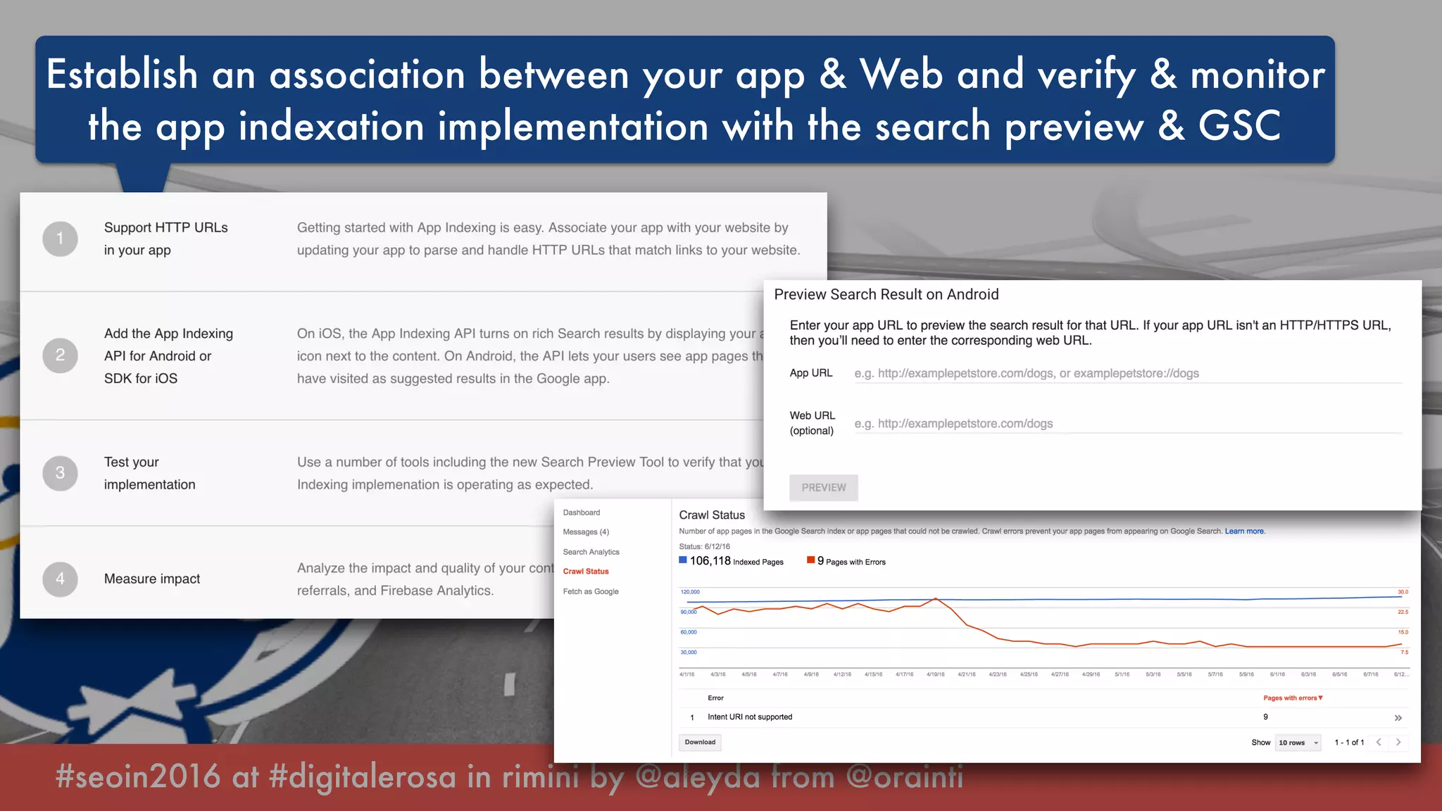 #seoin2016 at #digitalerosa in rimini by @aleyda from @orainti
Establish an association between your app & Web and verify & monitor
the app indexation implementation with the search preview & GSC
 