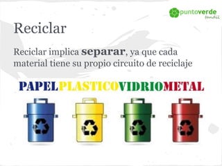 Reciclar 
Reciclar implica separar, ya que cada 
material tiene su propio circuito de reciclaje 
 
