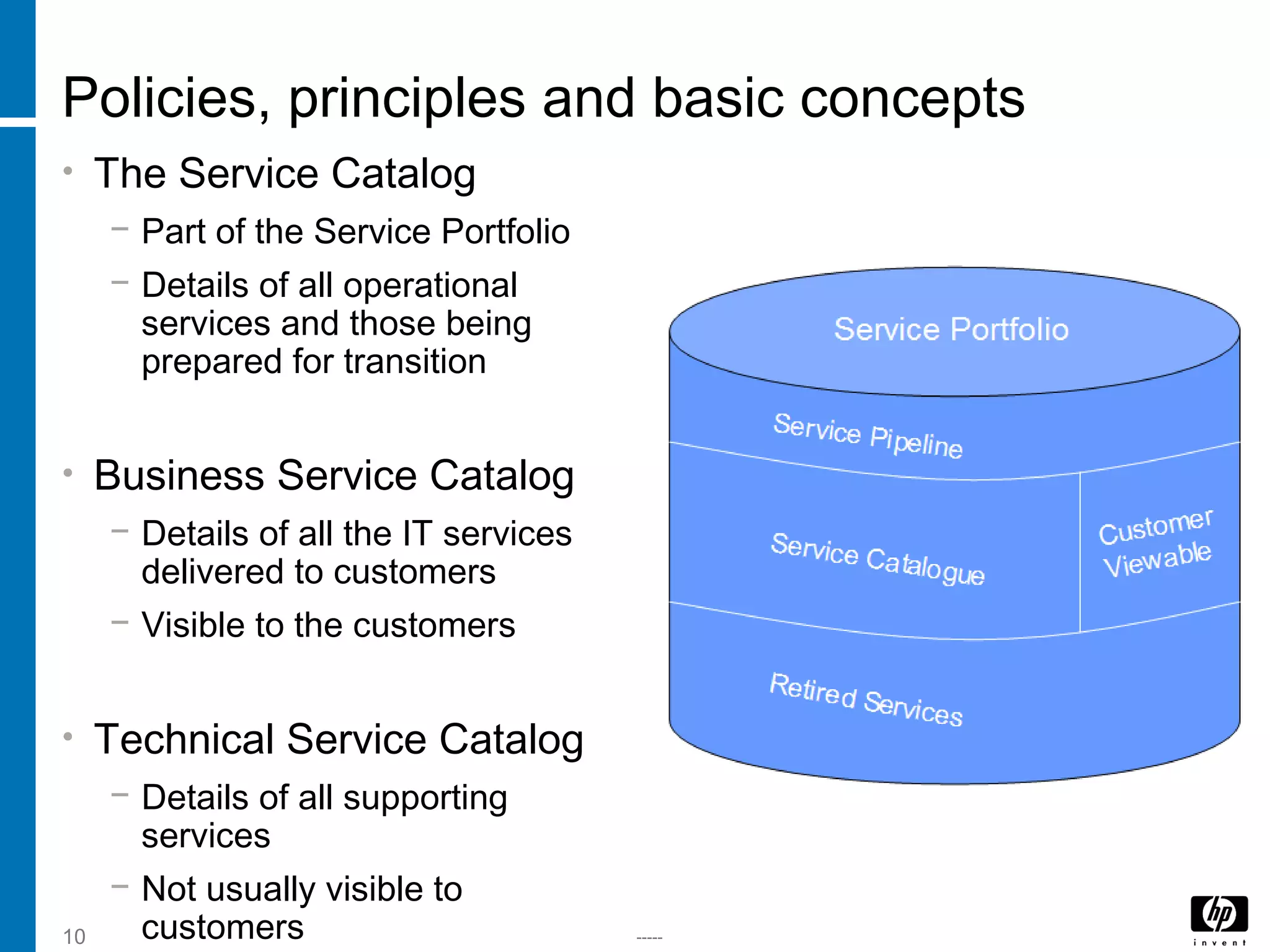 -----10
Policies, principles and basic concepts
• The Service Catalog
− Part of the Service Portfolio
− Details of all operational
services and those being
prepared for transition
• Business Service Catalog
− Details of all the IT services
delivered to customers
− Visible to the customers
• Technical Service Catalog
− Details of all supporting
services
− Not usually visible to
customers
 