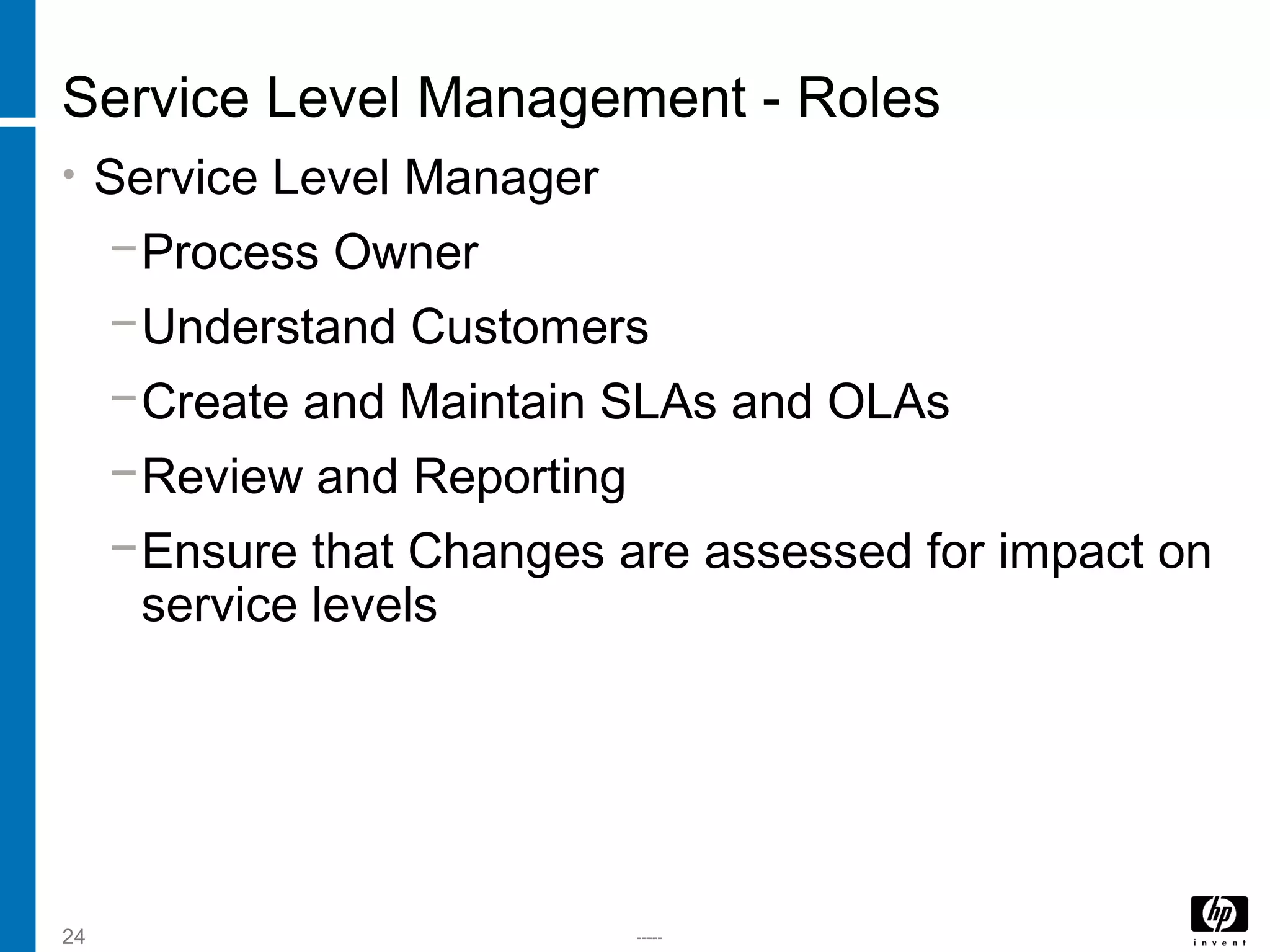 -----24
Service Level Management - Roles
• Service Level Manager
−Process Owner
−Understand Customers
−Create and Maintain SLAs and OLAs
−Review and Reporting
−Ensure that Changes are assessed for impact on
service levels
 