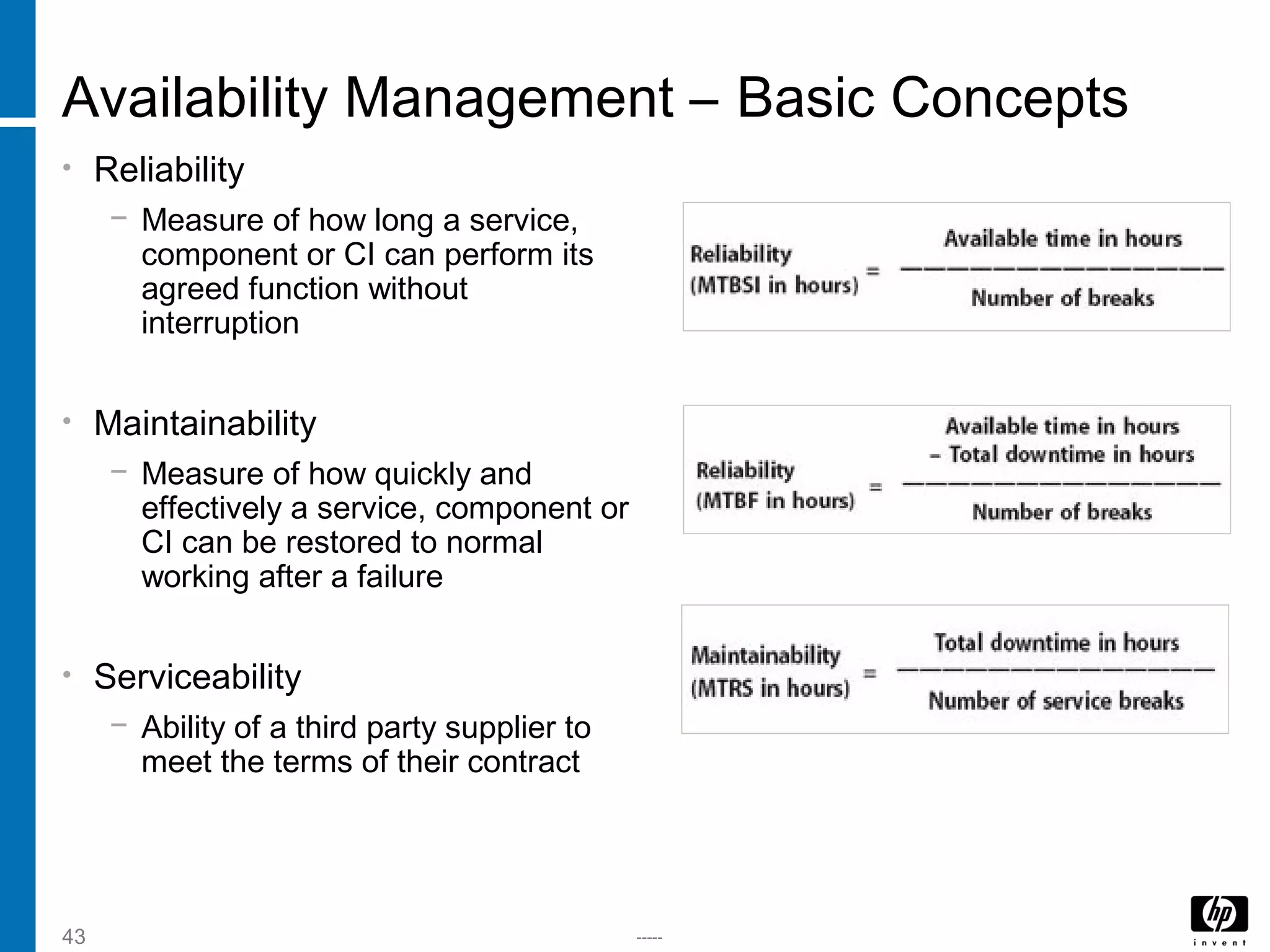 -----43
Availability Management – Basic Concepts
• Reliability
− Measure of how long a service,
component or CI can perform its
agreed function without
interruption
• Maintainability
− Measure of how quickly and
effectively a service, component or
CI can be restored to normal
working after a failure
• Serviceability
− Ability of a third party supplier to
meet the terms of their contract
 