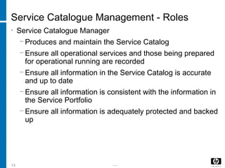 -----13
Service Catalogue Management - Roles
• Service Catalogue Manager
− Produces and maintain the Service Catalog
− Ensure all operational services and those being prepared
for operational running are recorded
− Ensure all information in the Service Catalog is accurate
and up to date
− Ensure all information is consistent with the information in
the Service Portfolio
− Ensure all information is adequately protected and backed
up
 
