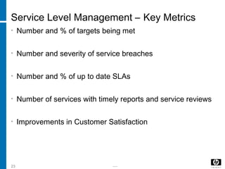 -----23
Service Level Management – Key Metrics
• Number and % of targets being met
• Number and severity of service breaches
• Number and % of up to date SLAs
• Number of services with timely reports and service reviews
• Improvements in Customer Satisfaction
 