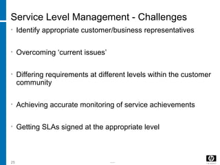 -----25
Service Level Management - Challenges
• Identify appropriate customer/business representatives
• Overcoming ‘current issues’
• Differing requirements at different levels within the customer
community
• Achieving accurate monitoring of service achievements
• Getting SLAs signed at the appropriate level
 