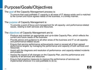 -----28
Purpose/Goals/Objectives
The goal of the Capacity Management process is:
− To ensure that cost-justifiable IT capacity in all areas of IT always exists and is matched
to the current and future agreed needs of the business, in a timely manner.
The purpose of Capacity Management is:
− To provide a point of focus and management for all capacity- and performance-related
issues, relating to both services and resources.
The objectives of Capacity Management are to:
− Produce and maintain an appropriate and up-to-date Capacity Plan, which reflects the
current and future needs of the business
− Provide advice and guidance to all other areas of the business and IT on all capacity-
and performance-related issues
− Ensure that service performance achievements meet or exceed all of their agreed
performance targets, by managing the performance and capacity of both services and
resources
− Assist with the diagnosis and resolution of performance- and capacity-related incidents
and problems
− Assess the impact of all changes on the Capacity Plan, and the performance and
capacity of all services and resources
− Ensure that proactive measures to improve the performance of services are
implemented wherever it is cost-justifiable to do so.
 