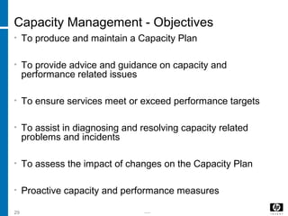 -----29
Capacity Management - Objectives
• To produce and maintain a Capacity Plan
• To provide advice and guidance on capacity and
performance related issues
• To ensure services meet or exceed performance targets
• To assist in diagnosing and resolving capacity related
problems and incidents
• To assess the impact of changes on the Capacity Plan
• Proactive capacity and performance measures
 