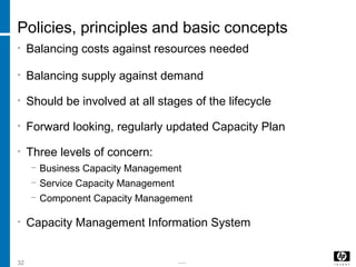 -----32
Policies, principles and basic concepts
• Balancing costs against resources needed
• Balancing supply against demand
• Should be involved at all stages of the lifecycle
• Forward looking, regularly updated Capacity Plan
• Three levels of concern:
− Business Capacity Management
− Service Capacity Management
− Component Capacity Management
• Capacity Management Information System
 