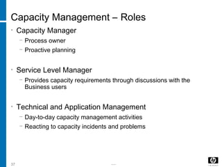 -----37
Capacity Management – Roles
• Capacity Manager
− Process owner
− Proactive planning
• Service Level Manager
− Provides capacity requirements through discussions with the
Business users
• Technical and Application Management
− Day-to-day capacity management activities
− Reacting to capacity incidents and problems
 