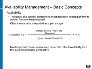-----42
Availability Management – Basic Concepts
• Availability
− The ability of a service, component or configuration item to perform its
agreed function when required
− Often measured and reported as a percentage
− Most important measurements are those that reflect availability from
the business and user perspective
Availability ( % ) =
(Agreed Service Time (AST) -
Downtime)
Agreed Service Time (AST)
X 100%
 