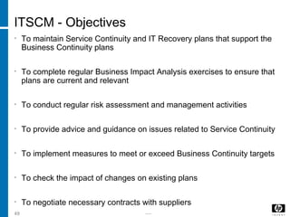 -----49
ITSCM - Objectives
• To maintain Service Continuity and IT Recovery plans that support the
Business Continuity plans
• To complete regular Business Impact Analysis exercises to ensure that
plans are current and relevant
• To conduct regular risk assessment and management activities
• To provide advice and guidance on issues related to Service Continuity
• To implement measures to meet or exceed Business Continuity targets
• To check the impact of changes on existing plans
• To negotiate necessary contracts with suppliers
 