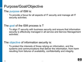 -----56
Purpose/Goal/Objective
The purpose of ISM is:
− To provide a focus for all aspects of IT security and manage all IT
security activities.
The goal of the ISM process is T
− To align IT security with business security and ensure that information
security is effectively managed in all service and Service Management
activities’.
The objective of information security is:
− To protect the interests of those relying on information, and the
systems and communications that deliver the information, from harm
resulting from failures of availability, confidentiality and integrity.
 