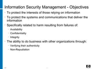 -----57
Information Security Management - Objectives
• To protect the interests of those relying on information
• To protect the systems and communications that deliver the
information
• Specifically related to harm resulting from failures of:
− Availability
− Confidentiality
− Integrity
• The ability to do business with other organizations through:
− Verifying their authenticity
− Non-Repudiation
 
