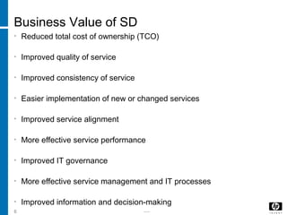 -----6
Business Value of SD
• Reduced total cost of ownership (TCO)
• Improved quality of service
• Improved consistency of service
• Easier implementation of new or changed services
• Improved service alignment
• More effective service performance
• Improved IT governance
• More effective service management and IT processes
• Improved information and decision-making
 