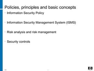 -----60
Policies, principles and basic concepts
• Information Security Policy
• Information Security Management System (ISMS)
• Risk analysis and risk management
• Security controls
 
