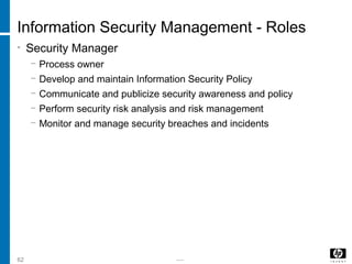 -----62
Information Security Management - Roles
• Security Manager
− Process owner
− Develop and maintain Information Security Policy
− Communicate and publicize security awareness and policy
− Perform security risk analysis and risk management
− Monitor and manage security breaches and incidents
 