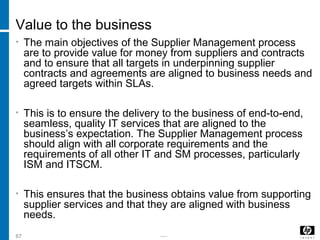 -----67
Value to the business
• The main objectives of the Supplier Management process
are to provide value for money from suppliers and contracts
and to ensure that all targets in underpinning supplier
contracts and agreements are aligned to business needs and
agreed targets within SLAs.
• This is to ensure the delivery to the business of end-to-end,
seamless, quality IT services that are aligned to the
business’s expectation. The Supplier Management process
should align with all corporate requirements and the
requirements of all other IT and SM processes, particularly
ISM and ITSCM.
• This ensures that the business obtains value from supporting
supplier services and that they are aligned with business
needs.
 