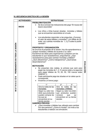 Página 2 
VI.-SECUENCIA DIÁCTICA DE LA SESIÓN 
ACTIVIDADES 
ESTRATEGIAS 
M O T IV A C I Ó N PERMANENTE EN TODA LA SESIÓN 
INICIO 
PROBLEMATIZACIÓN 
 Se da a conocer las indicaciones del juego “En busca del tesoro escondido” 
 Los niños y niñas buscan siluetas monedas y billetes que se encuentran escondidos en el aula. 
 Los estudiantes responden a las preguntas ¿Conocen el valor de estos billetes y monedas? ¿Un billete de 20 soles por cuántas monedas de 1, 2 y 5 soles lo podré cambiar? 
PROPÓSITO Y ORGANIZACIÓN 
Se enuncia el propósito de la sesión: hoy día aprenderemos a canjear monedas y billetes de acuerdo a su valor”. 
Escribimos las ideas para organizarnos y preparar con los estudiantes lo que necesitaremos, preguntamos: ¿Qué necesitaremos para para cambiar monedas y billetes? 
¿Qué utilizaremos? ¿Cómo trabajaremos? ¿Qué tareas desarrollaremos? 
MOTIVACIÓN 
 Se presentan dos ruletas, la primera que será para pegar las monedas de 1, 2, 5 nuevos soles y la segunda para pegar billetes de 10, 20, 50, 100 nuevos soles (ANEXO 1) 
 Cada participante pega las siluetas en la ruleta que le corresponde. 
 Iniciamos un breve juego: 
1° 
2° 
3° 
Gira la ruleta de las monedas. 
Según su valor nos dirán que productos pueden comprar de los que se encuentran en su tienda escolar. 
Gira la ruleta de las monedas y billetes. 
Según su valor nos dirán que productos pueden comprar que se encuentran en su tienda escolar. 
SABERES PREVIOS: 
 ¿Qué monedas o billetes has utilizado para cambiar con otra persona? ¿Cómo lo hiciste?, se invita a los estudiantes a realizar una simulación. 
EVALUACIÓN  
