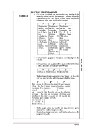 Página 3 
PROCESO 
GESTIÓN Y ACOMPAÑAMIENTO 
 En forma individual los estudiantes con ayuda de la docente realizan canjes de monedas y billetes utilizando material concreto y en forma gráfica (cada estudiante utiliza una ficha para registrar los canjes). 
1° 
2° 
3° 
Realizarán canjes con monedas de 1, 2 y 5. 
Los estudiantes utilizarán diferentes estrategias para realizar los canjes. 
Realizarán canjes con monedas de 1, 2, 5 y billetes hasta 20 soles. 
Los estudiantes utilizarán diferentes estrategias para realizar los canjes. 
Realizarán canjes con monedas de 1, 2, 5 y billetes hasta 100 soles. 
Los estudiantes utilizarán diferentes estrategias para realizar los canjes. 
 Formamos los grupos de trabajo de acuerdo al grado de estudio. 
 Entregamos a los grupos sobres que contienen billetes y tablas de doble entrada (ANEXO N°03) 
1° 
2° 
3° 
Billete de 10 
Billete de 20 
Billete 100 
 Cada integrante de grupo girará las ruletas y el docente entrega las monedas o billetes que indicó la ruleta. 
1° 
2° 
3° 
Solo girara la ruleta de las monedas (tres veces). 
Giraran las dos ruletas (cuatro veces). 
Giraran las dos ruletas (cuatro veces). 
La docente entrega las siluetas de las monedas para ser pegadas en el cuadro de doble entrada. 
La docente entrega las siluetas de las monedas y billetes para ser pegadas en el cuadro de doble entrada. 
 Cada grupo utiliza su cuadro de equivalencias para resolver los problemas propuestos. 
 Se plantean tres problemas a partir de las situaciones de juego en la ruleta. 
EVALUACIÓN  