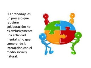 El aprendizaje es un proceso que requiere colaboración; no es exclusivamente una actividad mental, sino que comprende la interacción con el medio social y natural.