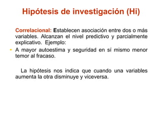 Correlacional:   E stablecen asociación entre dos o más variables. Alcanzan el nivel predictivo y parcialmente explicativo.  Ejemplo: A mayor autoestima y seguridad en sí mismo menor temor al fracaso. La hipótesis nos indica que cuando una variables aumenta la otra disminuye y viceversa.  Hipótesis de investigación (Hi) 