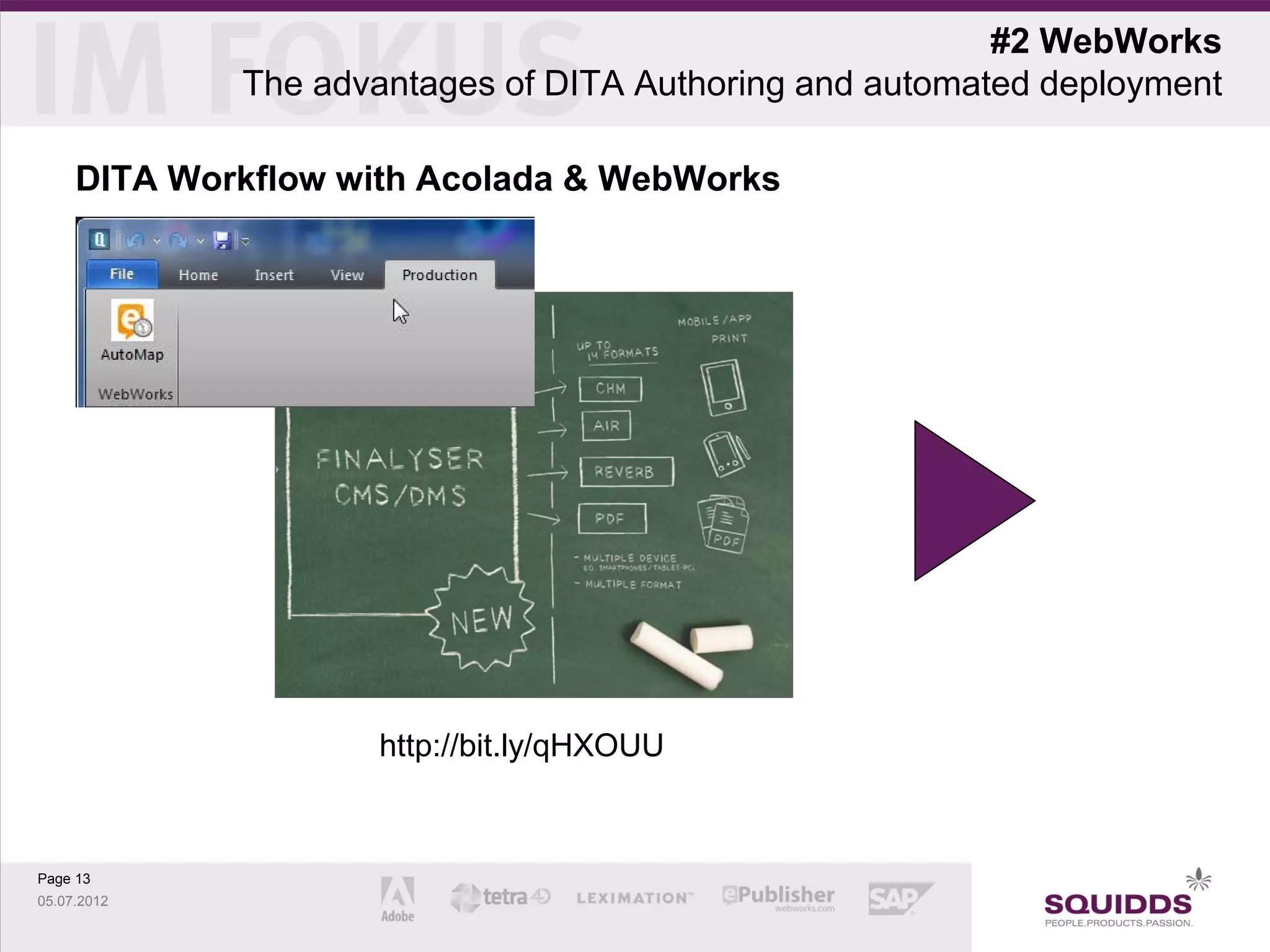 #2 WebWorks
             The advantages of DITA Authoring and automated deployment

     DITA Workflow with Acolada & WebWorks




                    http://bit.ly/qHXOUU



Page 13
05.07.2012
 