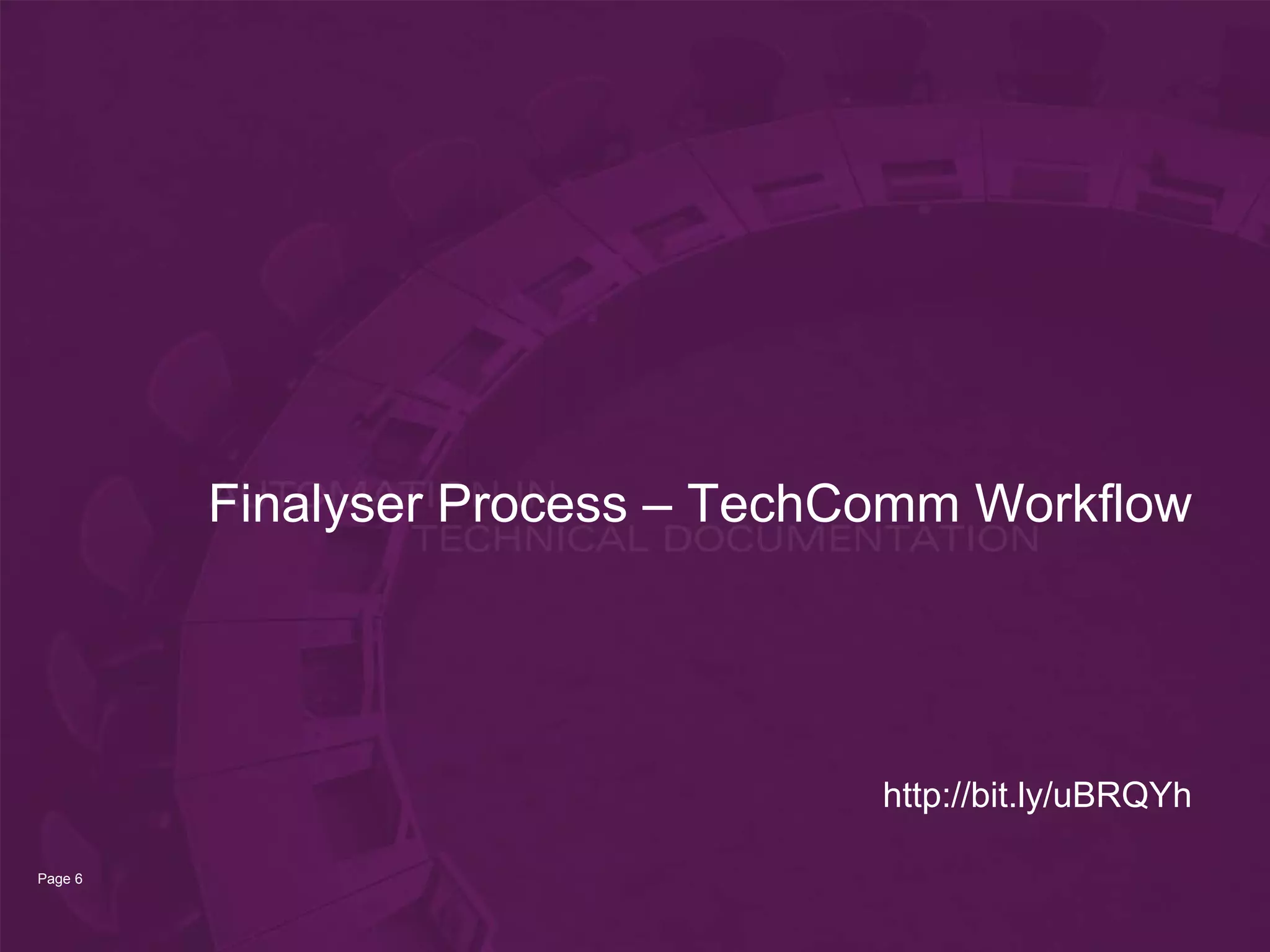 Finalyser Process – TechComm Workflow




                                  http://bit.ly/uBRQYh

Page 6
 