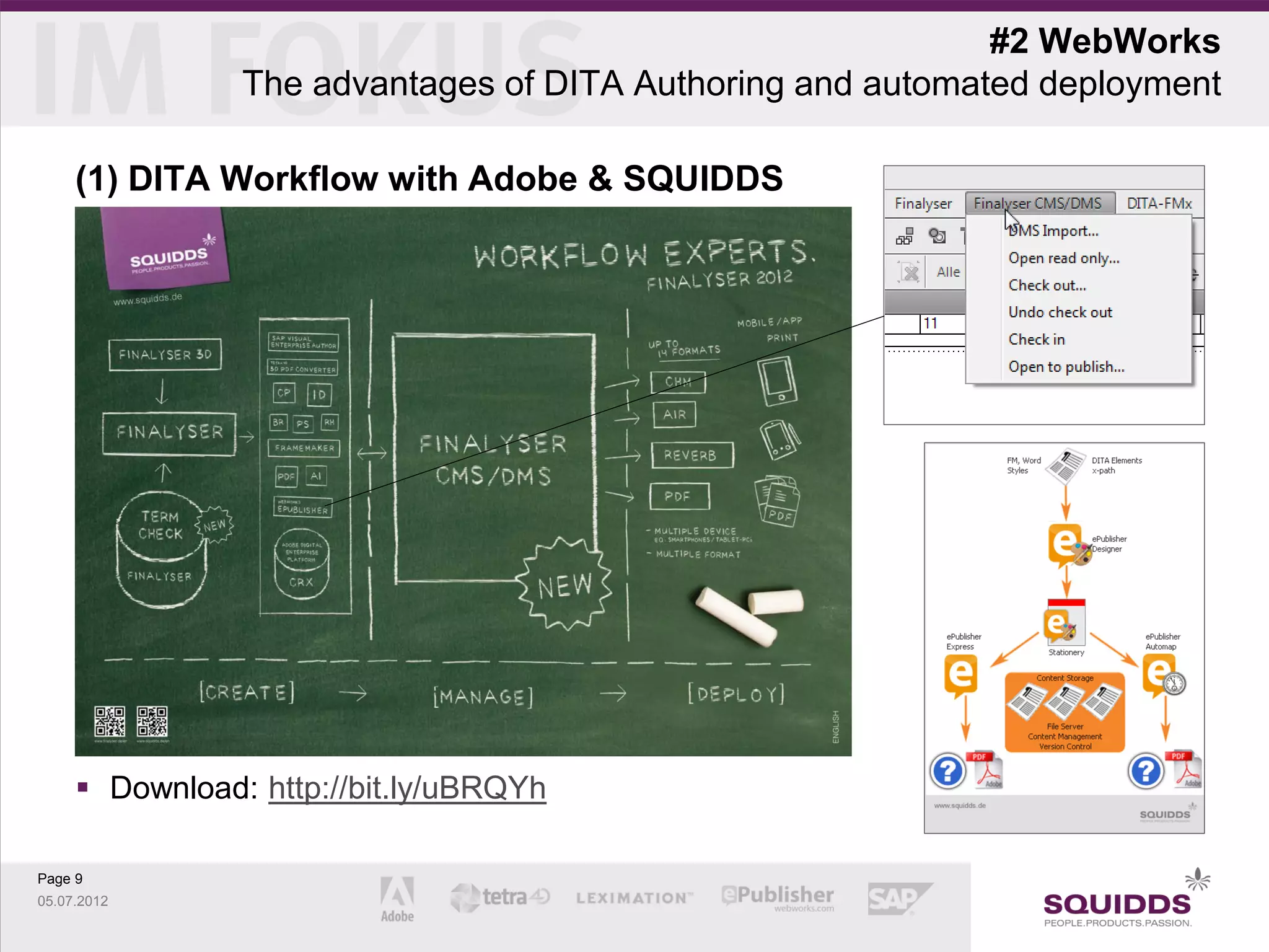 #2 WebWorks
                The advantages of DITA Authoring and automated deployment

     (1) DITA Workflow with Adobe & SQUIDDS




      Download: http://bit.ly/uBRQYh

Page 9
05.07.2012
 