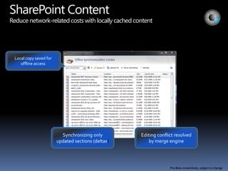 SharePoint Content
Reduce network-related costs with locally cached content




 Local copy saved for
    offline access




                          Synchronizing only        Editing conflict resolved
                        updated sections (deltas)       by merge engine
 