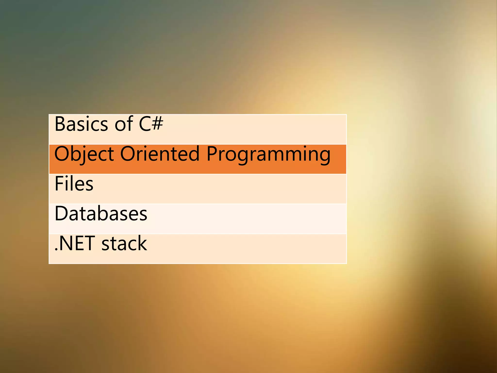 Basics of C#
Object Oriented Programming
Files
Databases
.NET stack
 