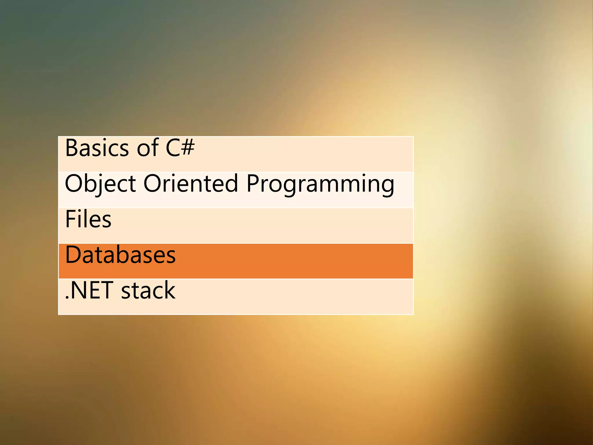 Basics of C#
Object Oriented Programming
Files
Databases
.NET stack
 