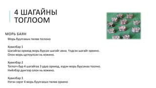 4 ШАГАЙНЫ
ТОГЛООМ
МОРЬ БАЯН
Морь буулгахын төлөө тоглоно
Хувилбар 1
Шагайгаа орхиод морь буусан шагайг авна. Үлдсэн шагайг орхино.
Олон морь цуглуулсан нь хожино.
Хувилбар 2
Тоглогч бүр 4 шагайгаа 3 удаа орхиод, хэдэн морь буусанаа тоолно.
Нийлбэр дүнгээр олон нь хожино.
Хувилбар 3
Нэгэн зэрэг 4 морь буулгахын төлөө орхино
 