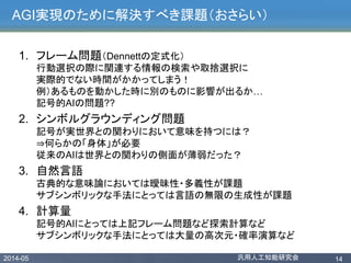 2014-05 汎用人工知能研究会 14
AGI実現のために解決すべき課題（おさらい）
1. フレーム問題（Dennettの定式化）
行動選択の際に関連する情報の検索や取捨選択に
実際的でない時間がかかってしまう！
例）あるものを動かした時に別のものに影響が出るか…
記号的AIの問題??
2. シンボルグラウンディング問題
記号が実世界との関わりにおいて意味を持つには？
⇒何らかの「身体」が必要
従来のAIは世界との関わりの側面が薄弱だった？
3. 自然言語
古典的な意味論においては曖昧性・多義性が課題
サブシンボリックな手法にとっては言語の無限の生成性が課題
4. 計算量
記号的AIにとっては上記フレーム問題など探索計算など
サブシンボリックな手法にとっては大量の高次元・確率演算など
 