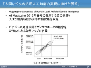 2014-05 汎用人工知能研究会 27
「人間レベルの汎用人工知能の実現に向けた展望」
• Mapping the Landscape of Human-Level Artificial General Intelligence
• AI Magazine 2012年春号の記事（12名の共著）
人工知能学会誌5月号に翻訳版を収録
• ピアジェの発達段階とヴィゴツキーの３概念を
XY軸とした2次元マップを定義
 