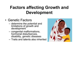 Factors affecting Growth and
Development
• Genetic Factors
– determine the potential and
limitations of growth and
development
– congenital malformations,
hormonal disturbances,
disability, genetic diseases
– Traits and talents also inherited
 