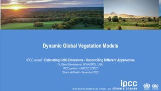 Dynamic Global Vegetation Models
IPCC event: Estimating GHG Emissions - Reconciling Different Approaches
Dr. Elena Shevliakova ( NOAA/GFDL, USA)
IPCC pavilion - UNFCCC COP27
Sharm el-Sheikh - November 2022
 