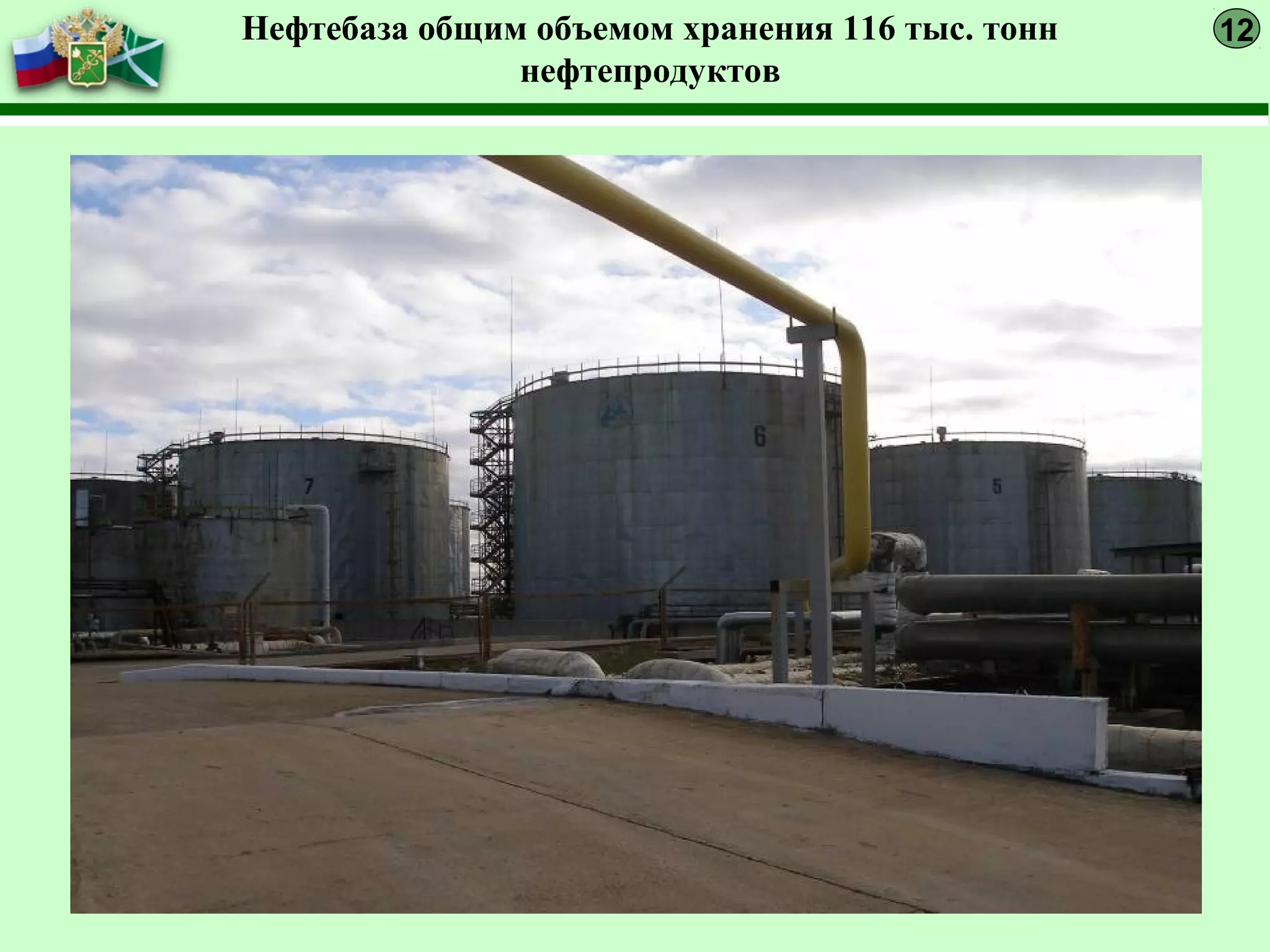 Нефтебаза общим объемом хранения 116 тыс. тонн
нефтепродуктов
12
 