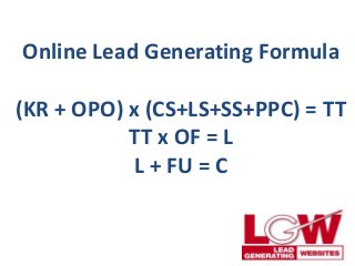 Online Lead Generating Formula

(KR + OPO) x (CS+LS+SS+PPC) = TT
           TT x OF = L
           L + FU = C
 