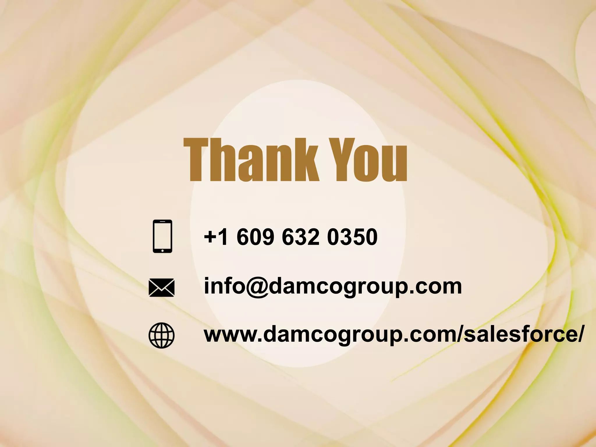 Thank You
1
+1 609 632 0350
info@damcogroup.com
www.damcogroup.com/salesforce/
 