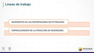 INCREMENTO DE LAS EXPORTACIONES NO PETROLERAS
FORTALECIMIENTO DE LA ATRACCIÓN DE INVERSIONES
Líneas de trabajo
 