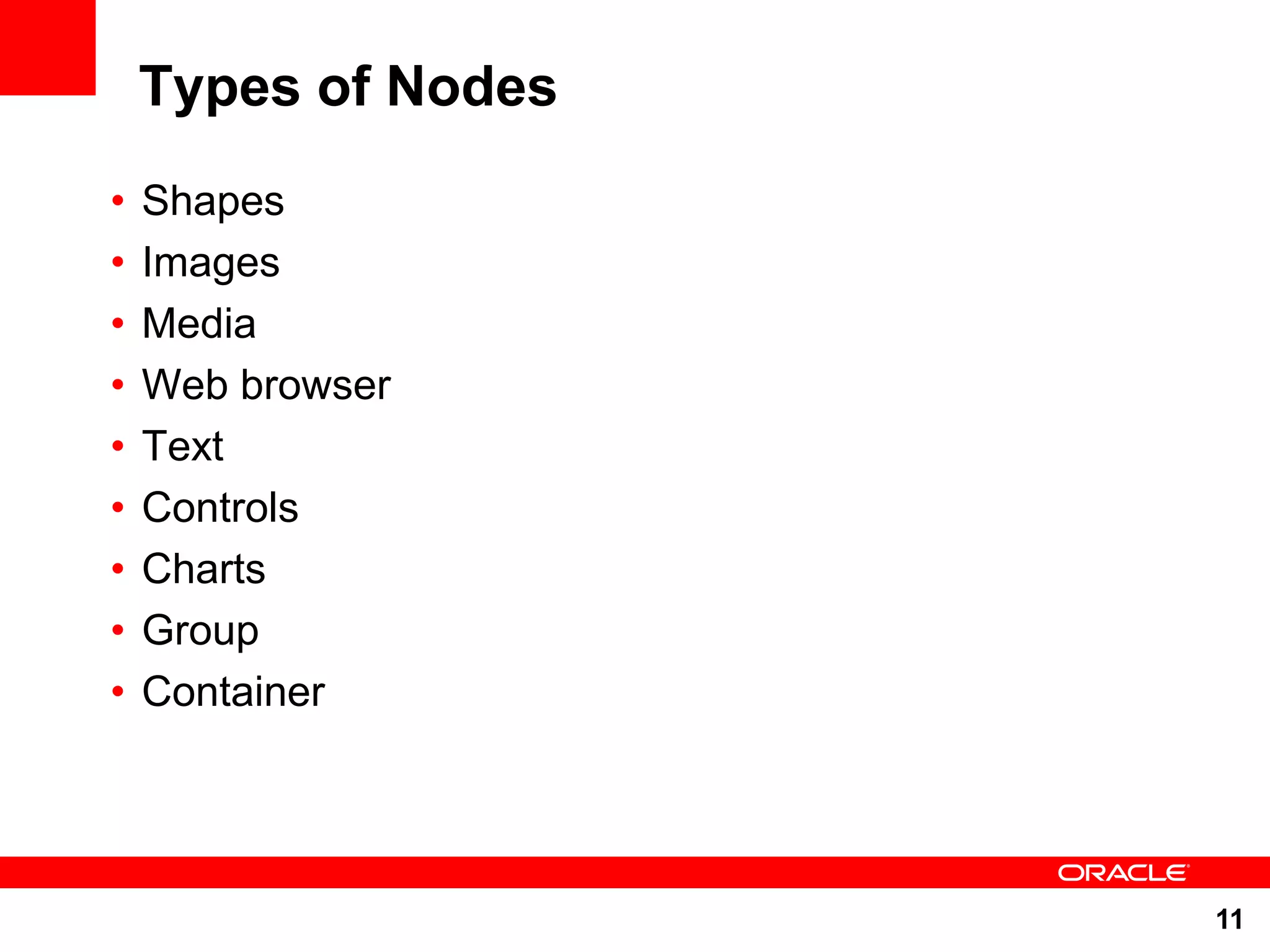 Types of Nodes • Shapes • Images • Media • Web browser • Text • Controls • Charts • Group • Container 11 