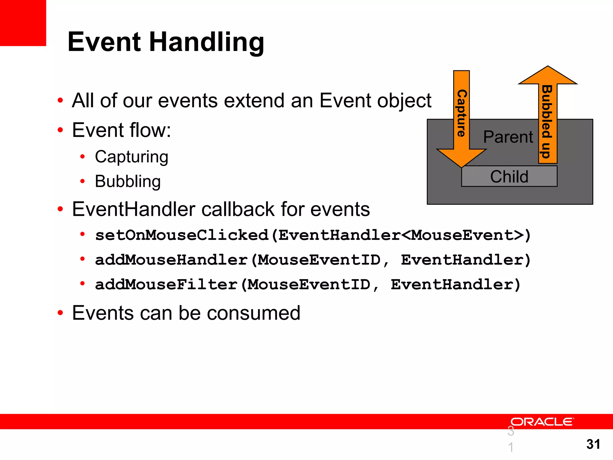 Event Handling Bubbled up • All of our events extend an Event object Capture • Event flow: Parent • Capturing • Bubbling Child • EventHandler callback for events • setOnMouseClicked(EventHandler<MouseEvent>) • addMouseHandler(MouseEventID, EventHandler) • addMouseFilter(MouseEventID, EventHandler) • Events can be consumed 3 1 31 
