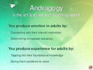 Andragogy
is the art & science of teaching adults
You produce emotion in adults by:
• Connecting with their internal motivation
• Determining immediate relevancy
You produce experience for adults by:
• Tapping into their foundational knowledge
• Giving them problems to solve
 