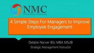 4 Simple Steps For Managers to Improve
Employee Engagement
Debbie Narver BSc MBA MScIB
Strategic Management Instructor
 