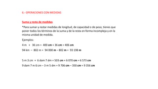 6.- OPERACIONES CON MEDIDAS
Suma y resta de medidas
*Para sumar y restar medidas de longitud, de capacidad o de peso, tienes que
poner todos los términos de la suma y de la resta en forma incompleja y en la
misma unidad de medida.
Ejemplos:
4 m + 36 cm = 400 cm + 36 cm = 406 cm
94 km – 802 m = 94 000 m – 802 m = 93 198 m
5 m 3 cm + 6 dam 7 dm = 503 cm + 6 070 cm = 6 573 cm
9 dam 7 m 6 cm – 3 m 5 dm = 9 706 cm – 350 cm = 9 356 cm
 